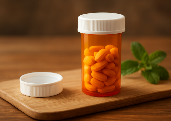 A clear pill bottle filled with orange pills, placed on a wooden surface next to a white cap and a fresh mint leaf
