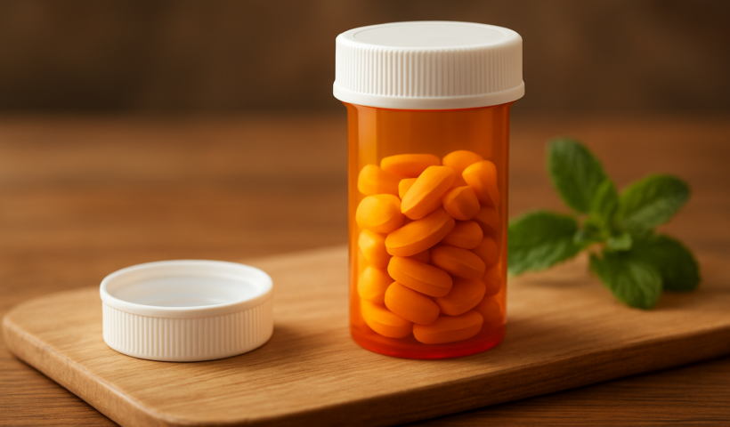 A clear pill bottle filled with orange pills, placed on a wooden surface next to a white cap and a fresh mint leaf