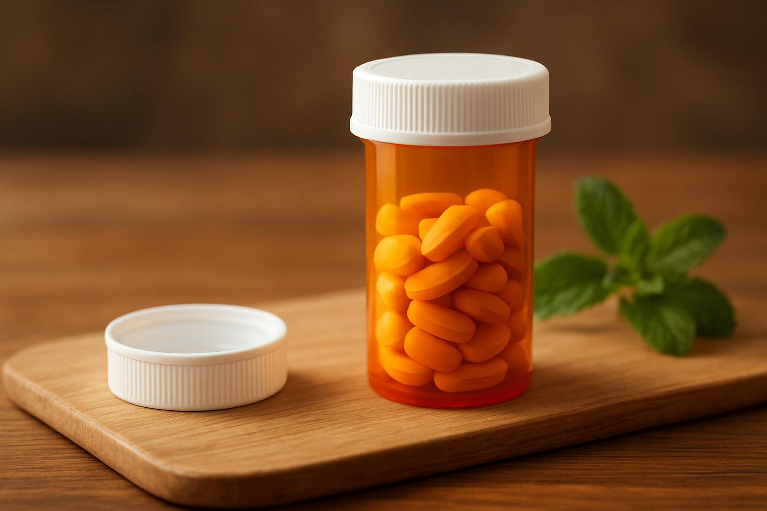 A clear pill bottle filled with orange pills, placed on a wooden surface next to a white cap and a fresh mint leaf