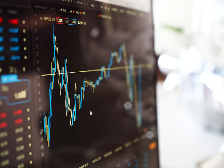 A trading screen displaying a fluctuating market chart with blue and yellow candlestick patterns.