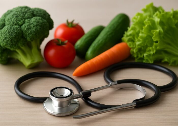 Stethoscope placed among fresh vegetables on a wooden table