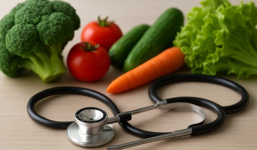 Stethoscope placed among fresh vegetables on a wooden table