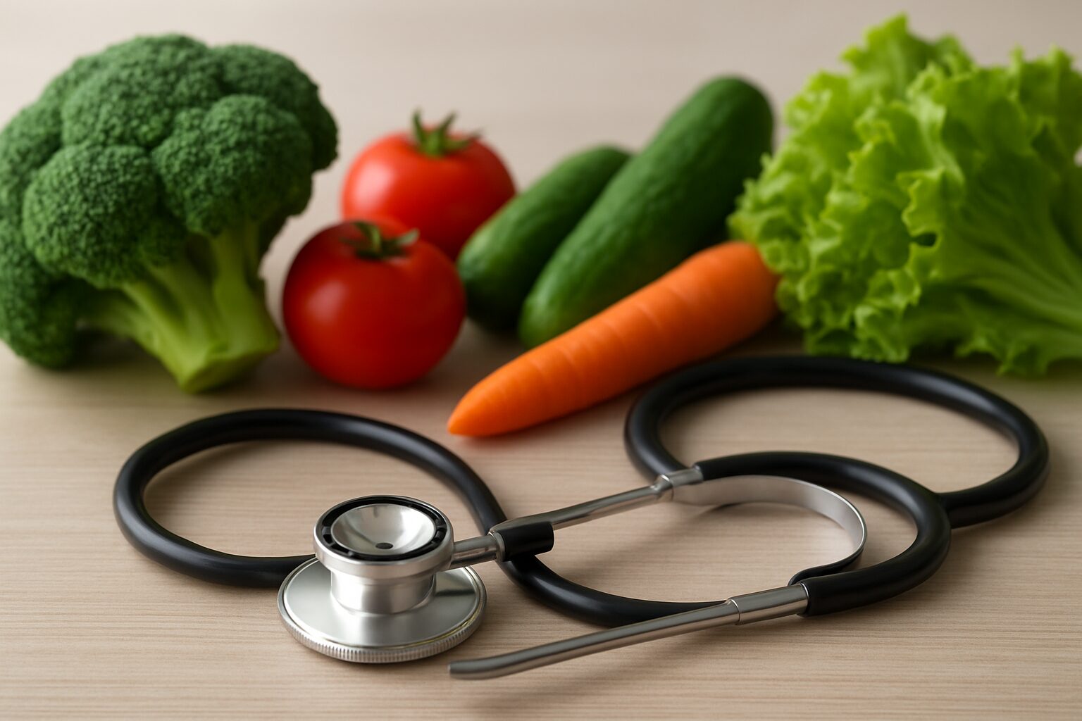 Stethoscope placed among fresh vegetables on a wooden table