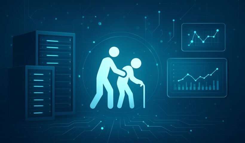 Abstract illustration of two figures, one helping another with a cane, surrounded by data visualizations.