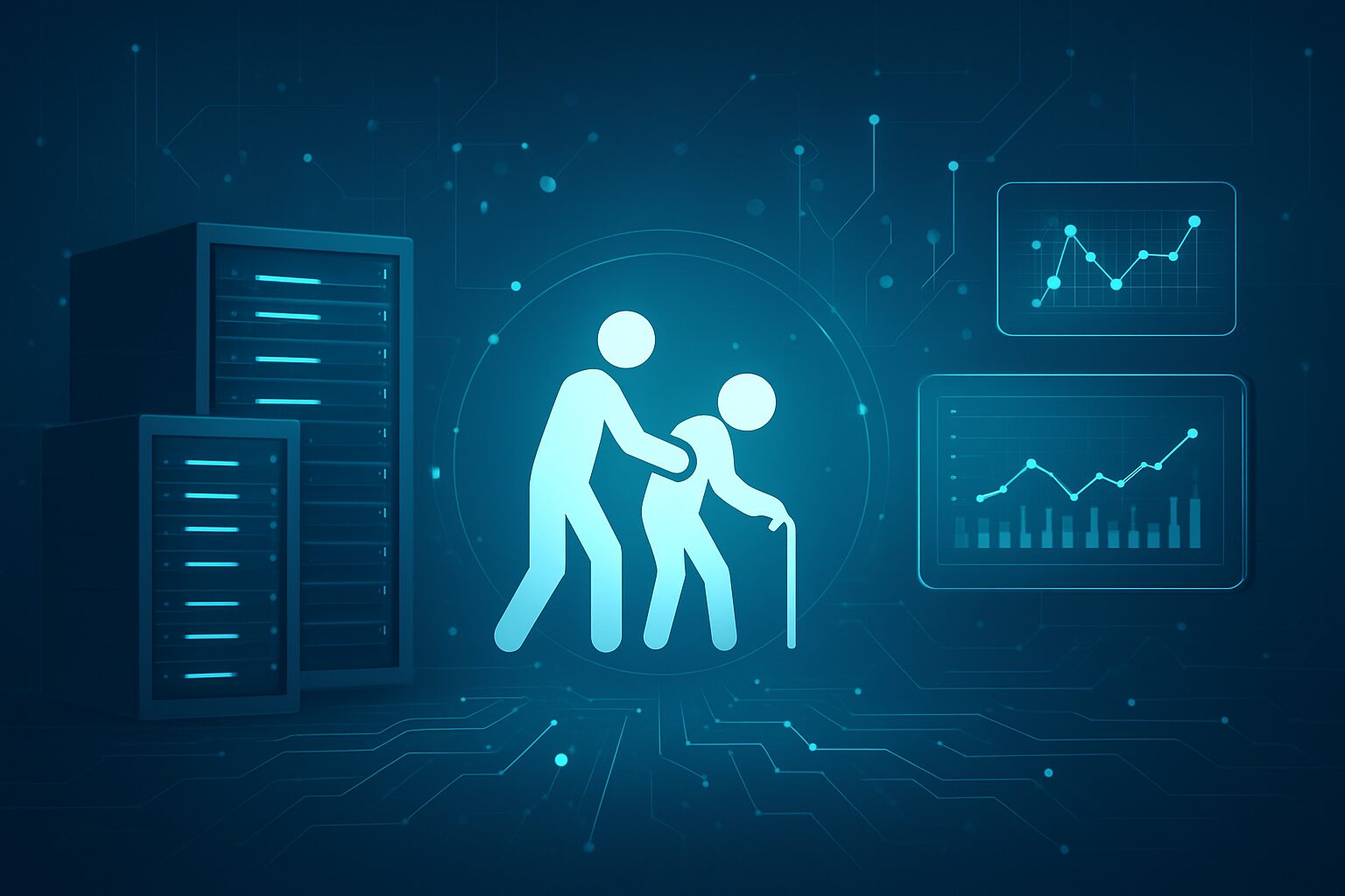 Abstract illustration of two figures, one helping another with a cane, surrounded by data visualizations.