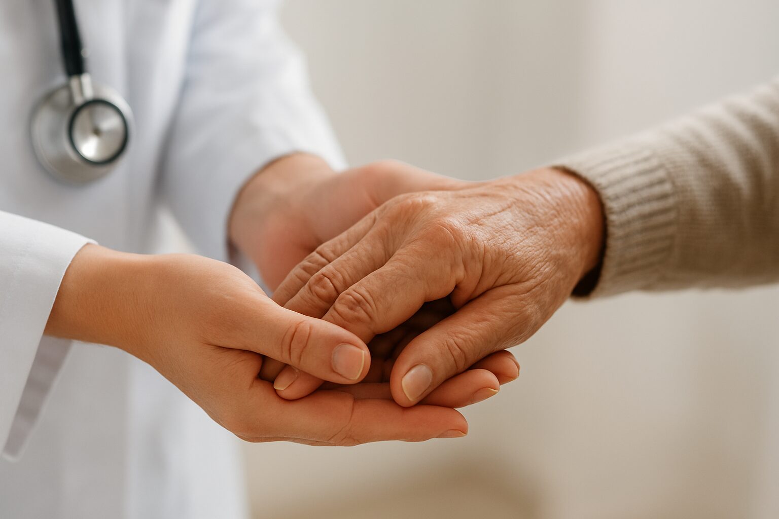 A close-up image of two hands, one older and one younger, holding each other, symbolizing compassion in care.